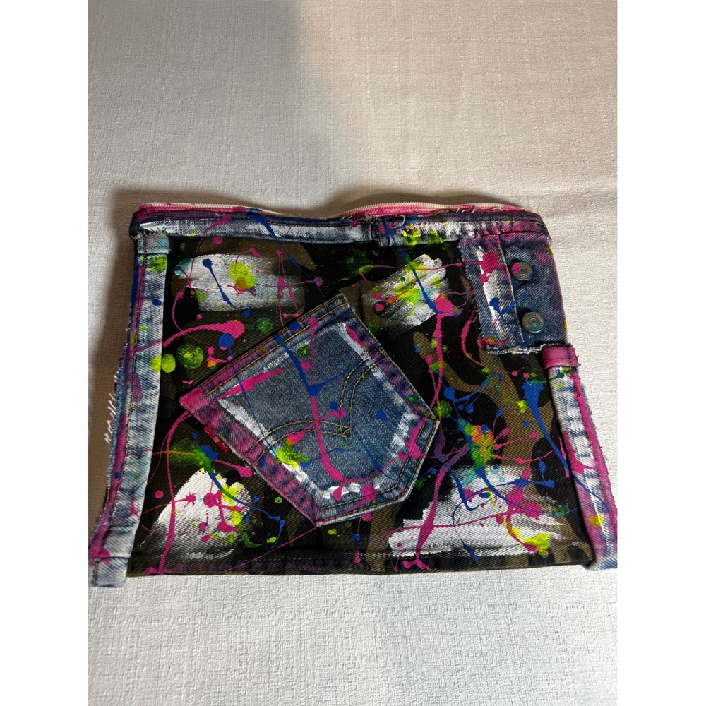Custom Hand Painted Levi Strauss Denim Clutch Bag Camo Neon Splatter